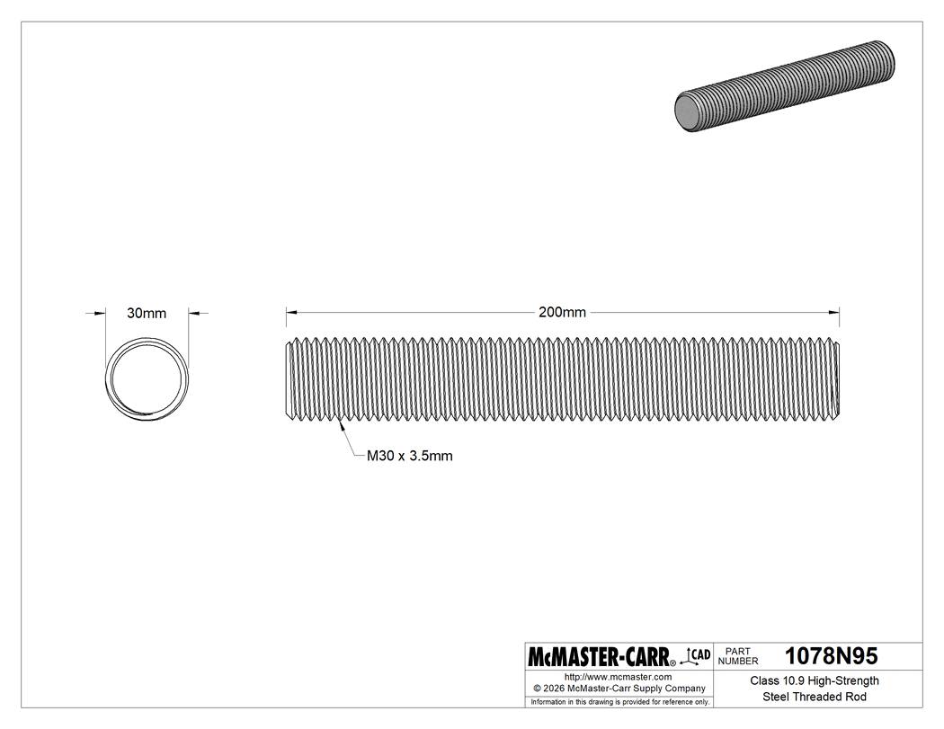 Technical Drawing of Class 10.9 High-Strength Steel Threaded Rod, M30 x 3.5 mm Thread Size, 200 mm Long.